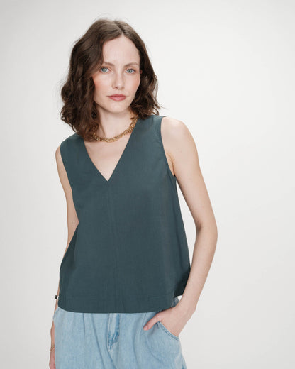 Top en coton sans manches col V emeraude Vagabond