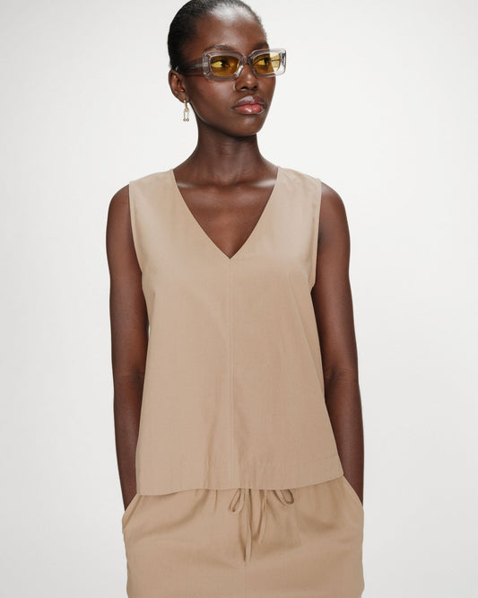 Top en coton sans manches col V sable Vagabond
