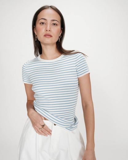 Pull en fine maille ajusté manches courtes bleuet Vendredi