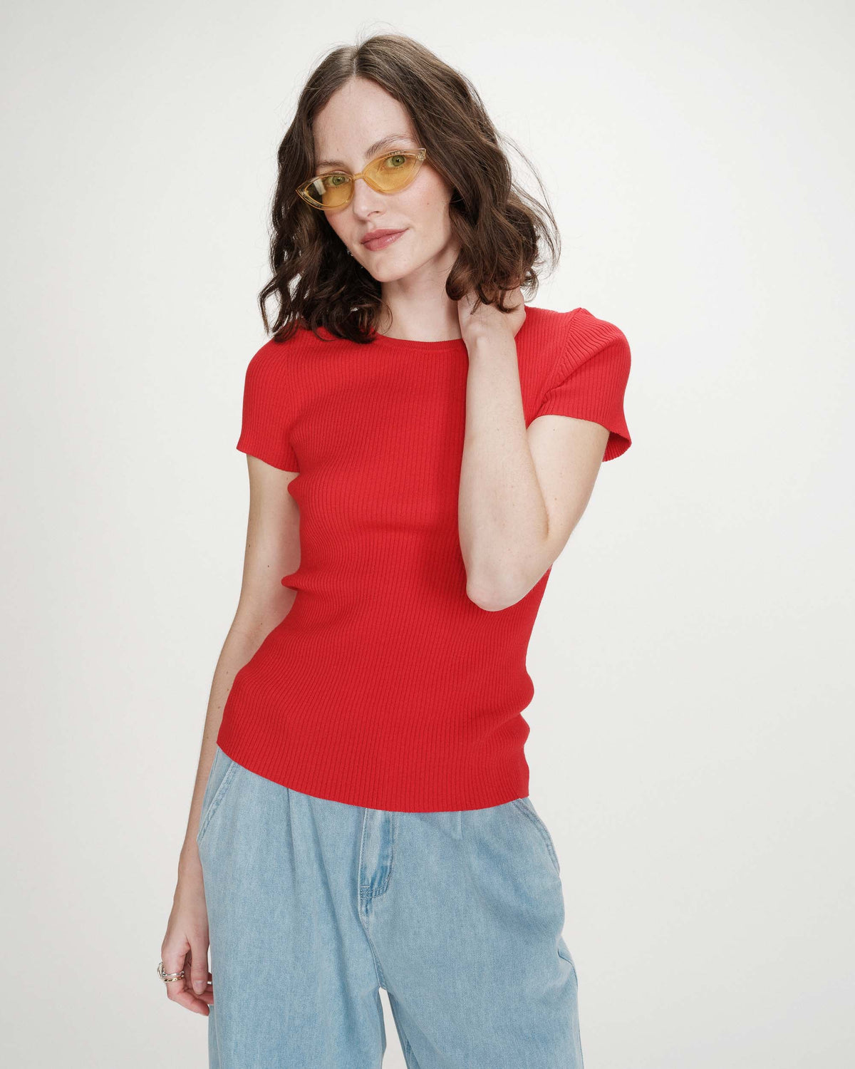 Pull en fine maille ajusté manches courtes rouge Vendredi