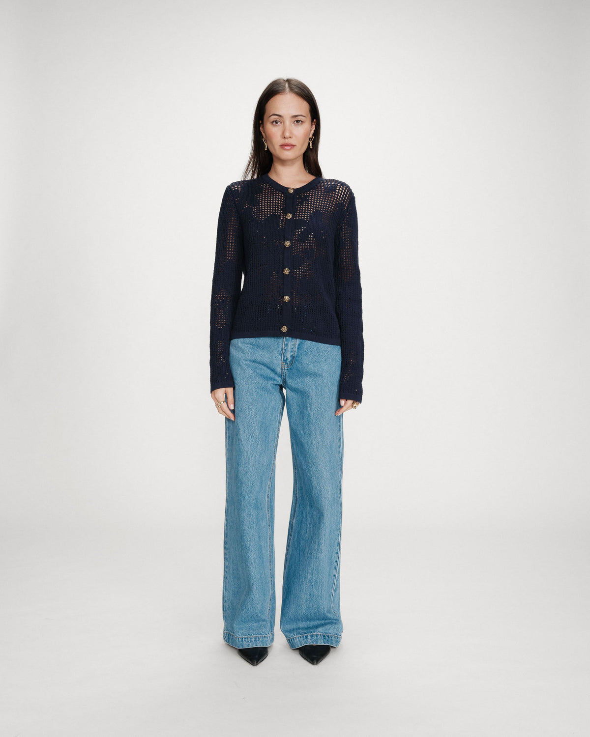 Cardigan en maille ajourée marine Velasquez