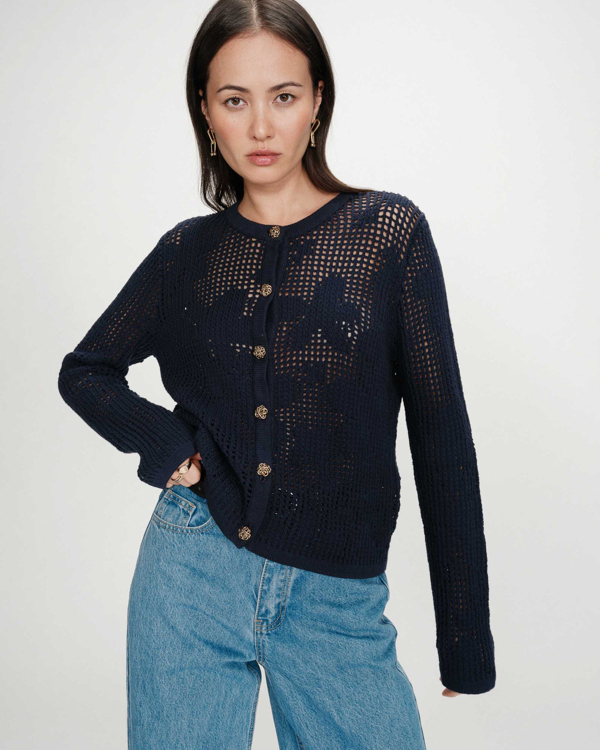 Cardigan en maille ajourée marine Velasquez