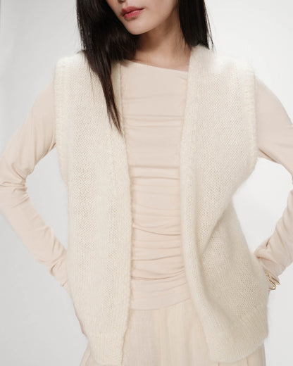 Cardigan laine et mohair sans manches ecru Vicomte