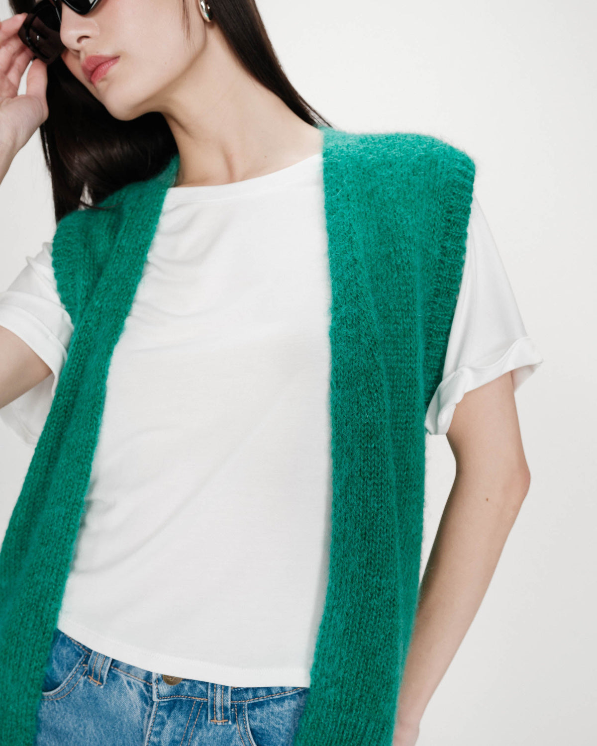 Cardigan laine et mohair sans manches vert Vicomte