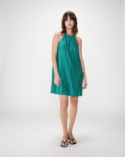Robe courte plissée à encolure américaine emeraude Wilona