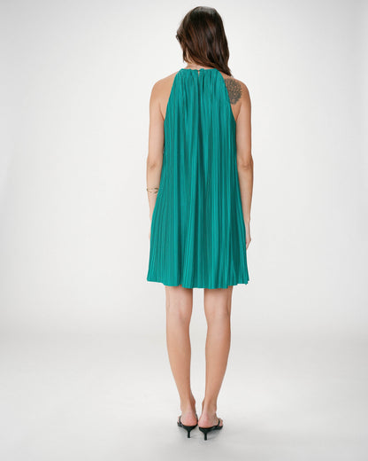 Robe courte plissée à encolure américaine emeraude Wilona