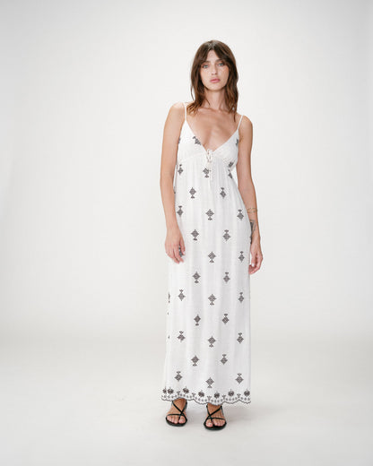 Robe longue bohème évasée à broderies chocolat Wilora