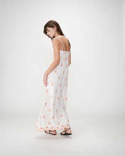 Robe longue bohème évasée à broderies orange Wilora