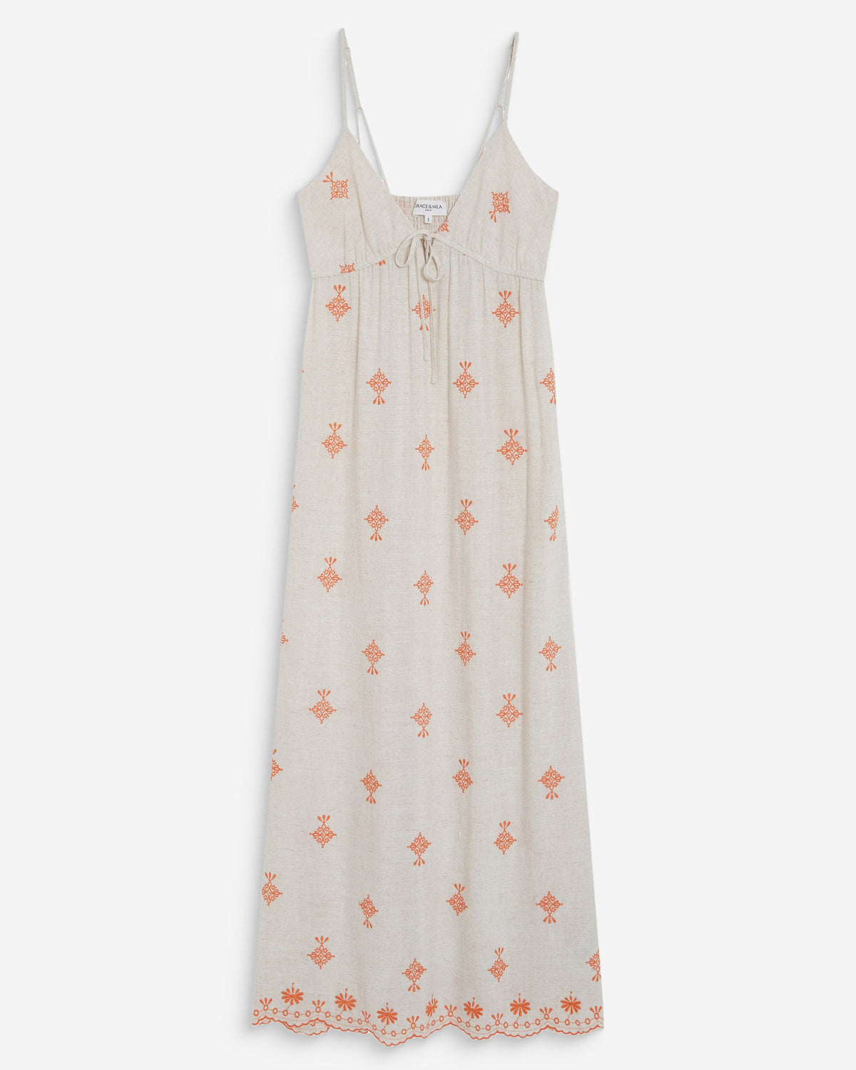 Robe longue bohème évasée à broderies orange Wilora