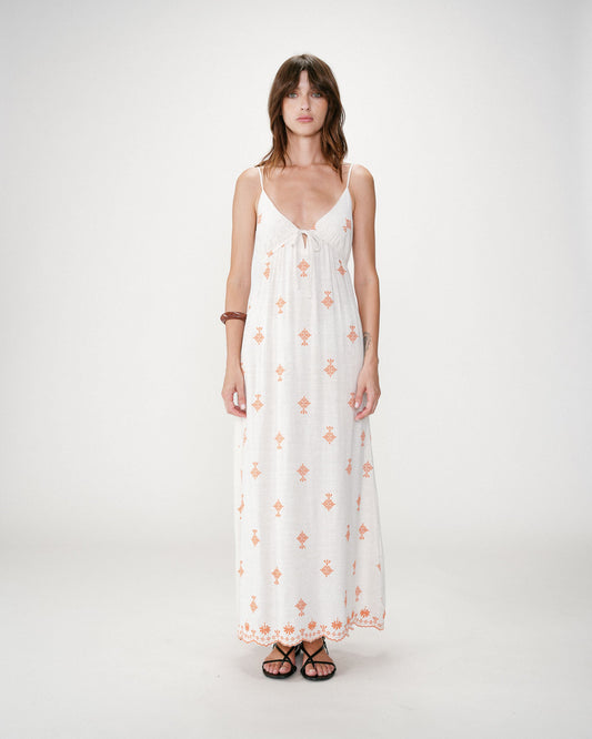 Robe longue bohème évasée à broderies orange Wilora