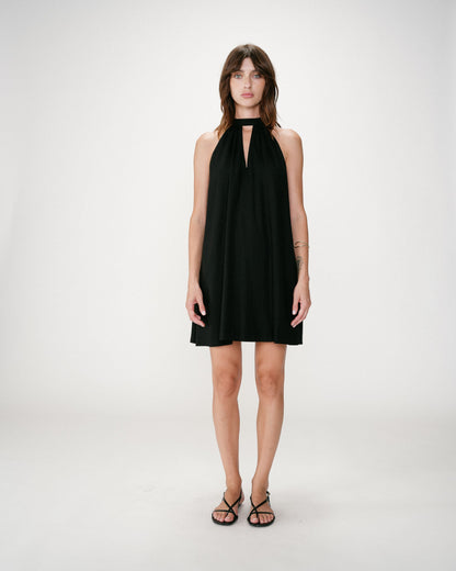 Robe courte évasée en lin dos à nouer noir Whola