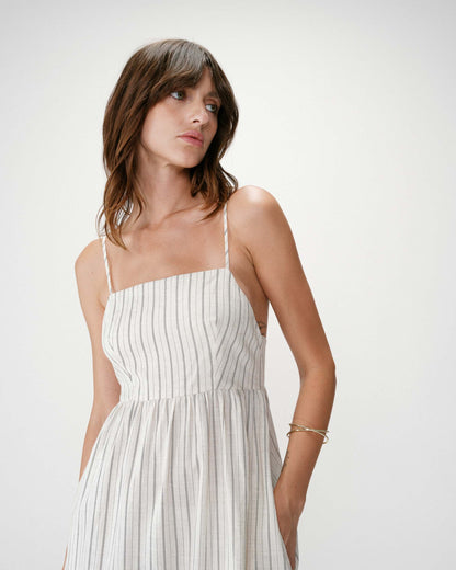 Robe longue rayée dos nu à fines bretelles sable Wyna