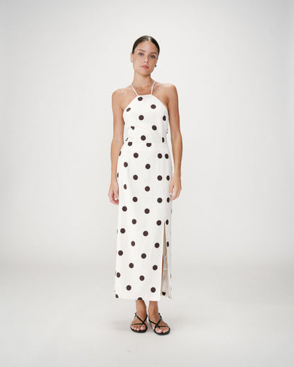 Robe longue ajustée à pois dos nu ecru Wyella