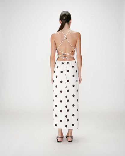 Robe longue ajustée à pois dos nu ecru Wyella