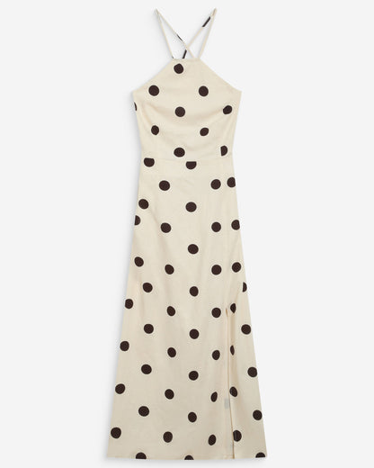 Robe longue ajustée à pois dos nu ecru Wyella