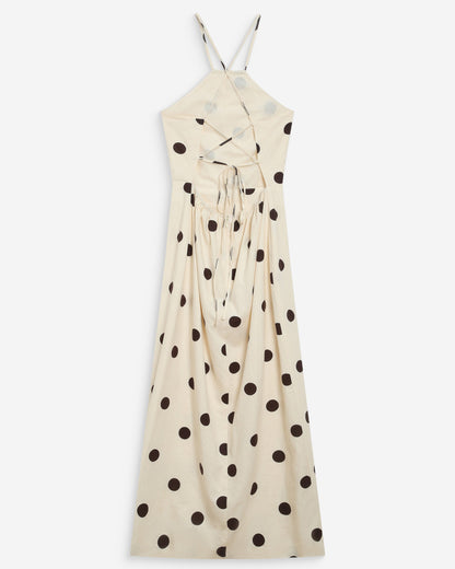 Robe longue ajustée à pois dos nu ecru Wyella