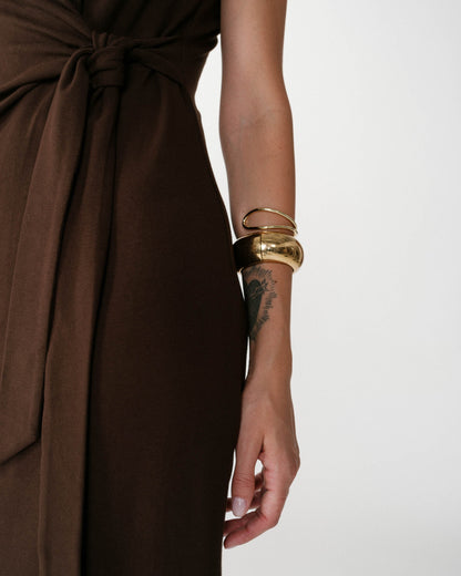 Robe longue drapée taille à nouer chocolat Wyla