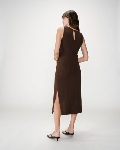 Robe longue drapée taille à nouer chocolat Wyla