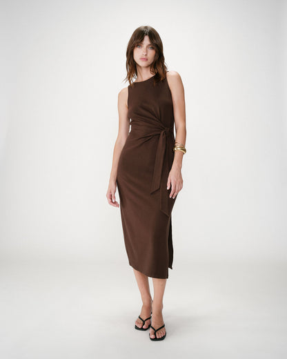 Robe longue drapée taille à nouer chocolat Wyla
