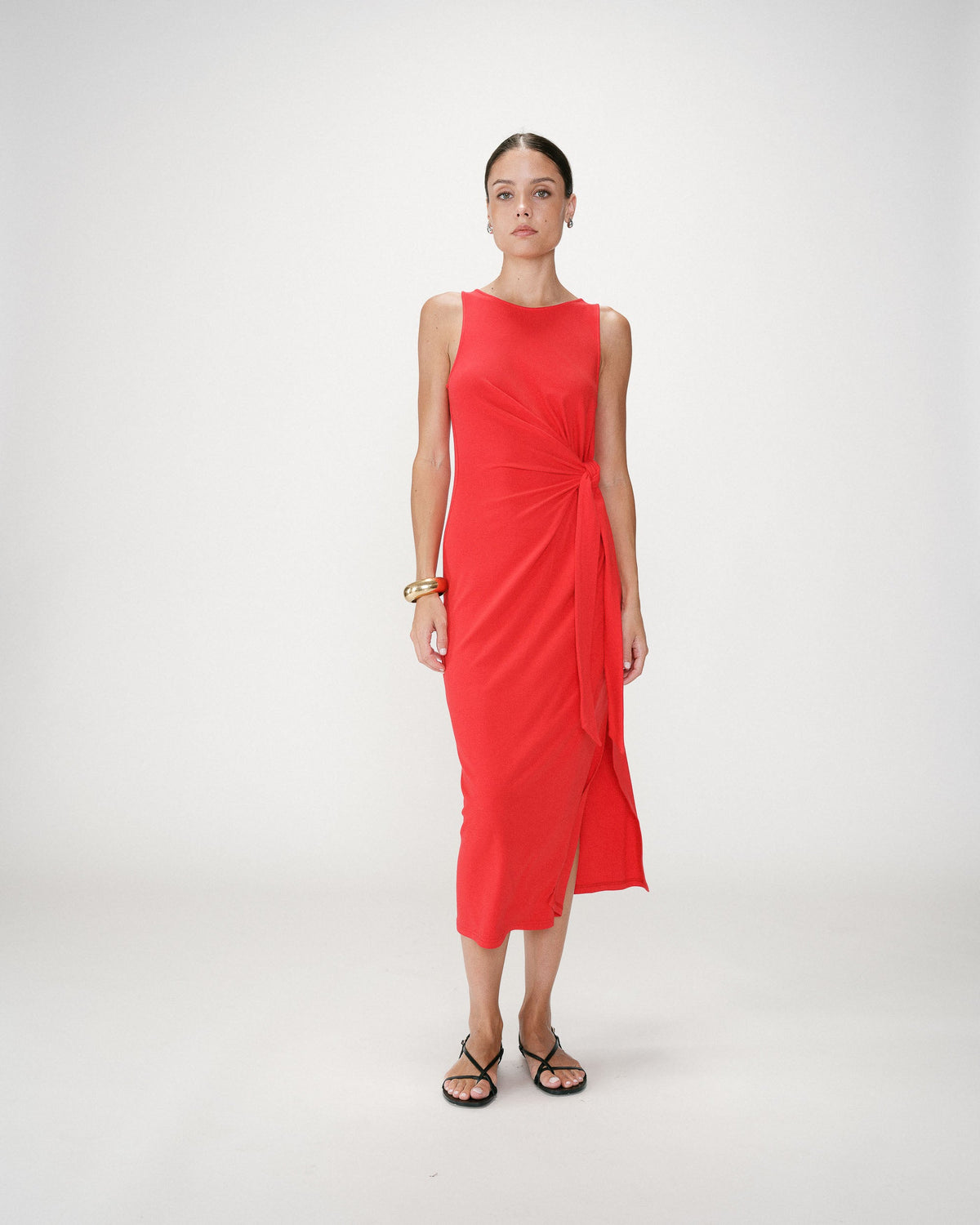 Robe longue drapée taille à nouer rouge Wyla