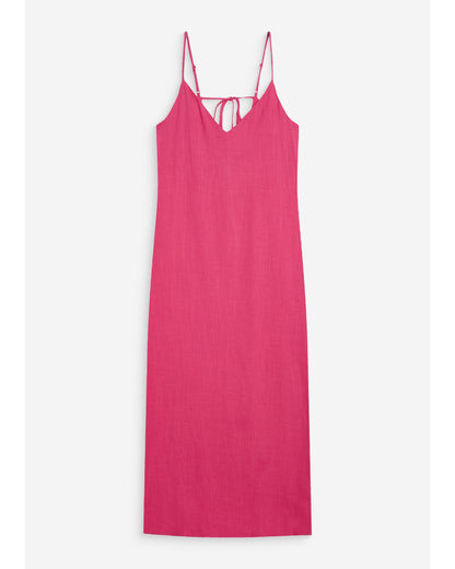 Robe longue en lin col V dos nu à nouer fuchsia Wendra