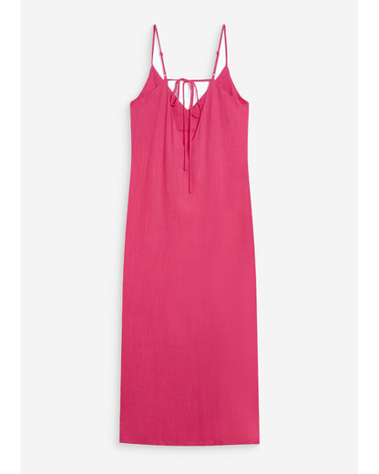Robe longue en lin col V dos nu à nouer fuchsia Wendra