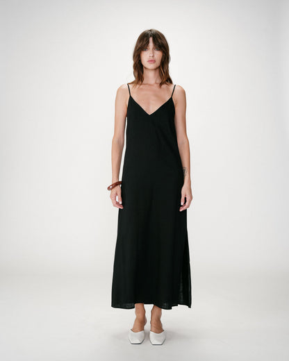 Robe longue en lin col V dos nu à nouer noir Wendra