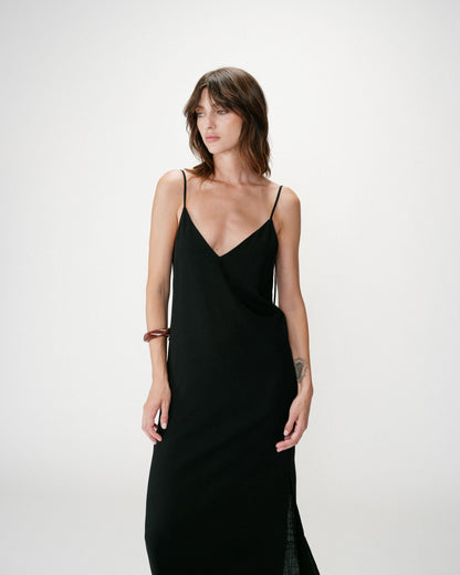 Robe longue en lin col V dos nu à nouer noir Wendra