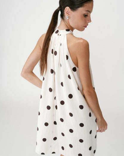 Robe courte à pois évasée sans manches ecru Warna