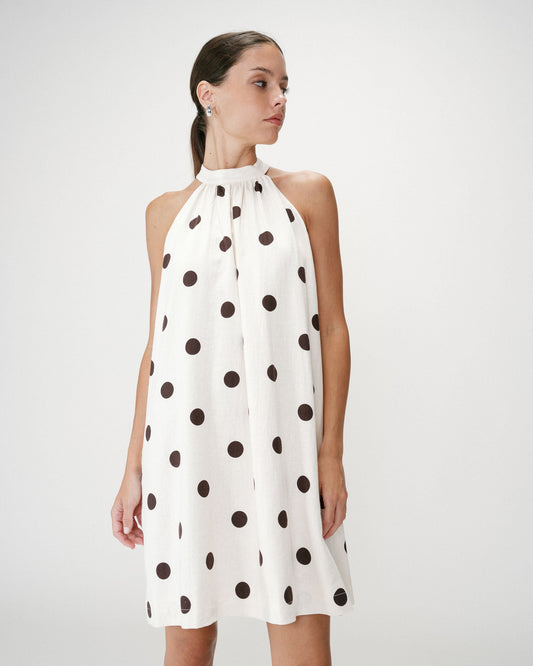 Robe courte à pois évasée sans manches ecru Warna