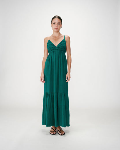 Robe longue fluide en coton col V à bretelles emeraude Wynora