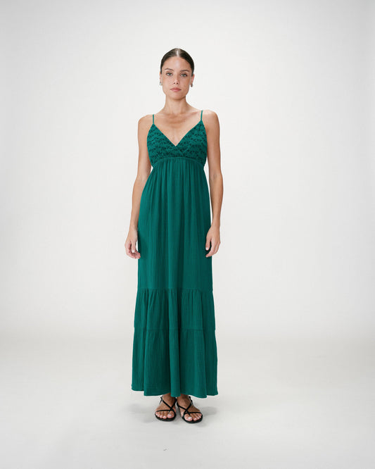 Robe longue fluide en coton col V à bretelles emeraude Wynora
