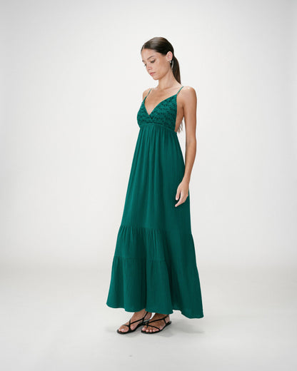 Robe longue fluide en coton col V à bretelles emeraude Wynora