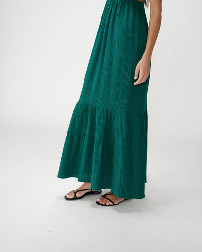 Robe longue fluide en coton col V à bretelles emeraude Wynora