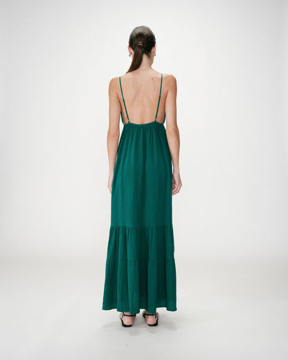 Robe longue fluide en coton col V à bretelles emeraude Wynora