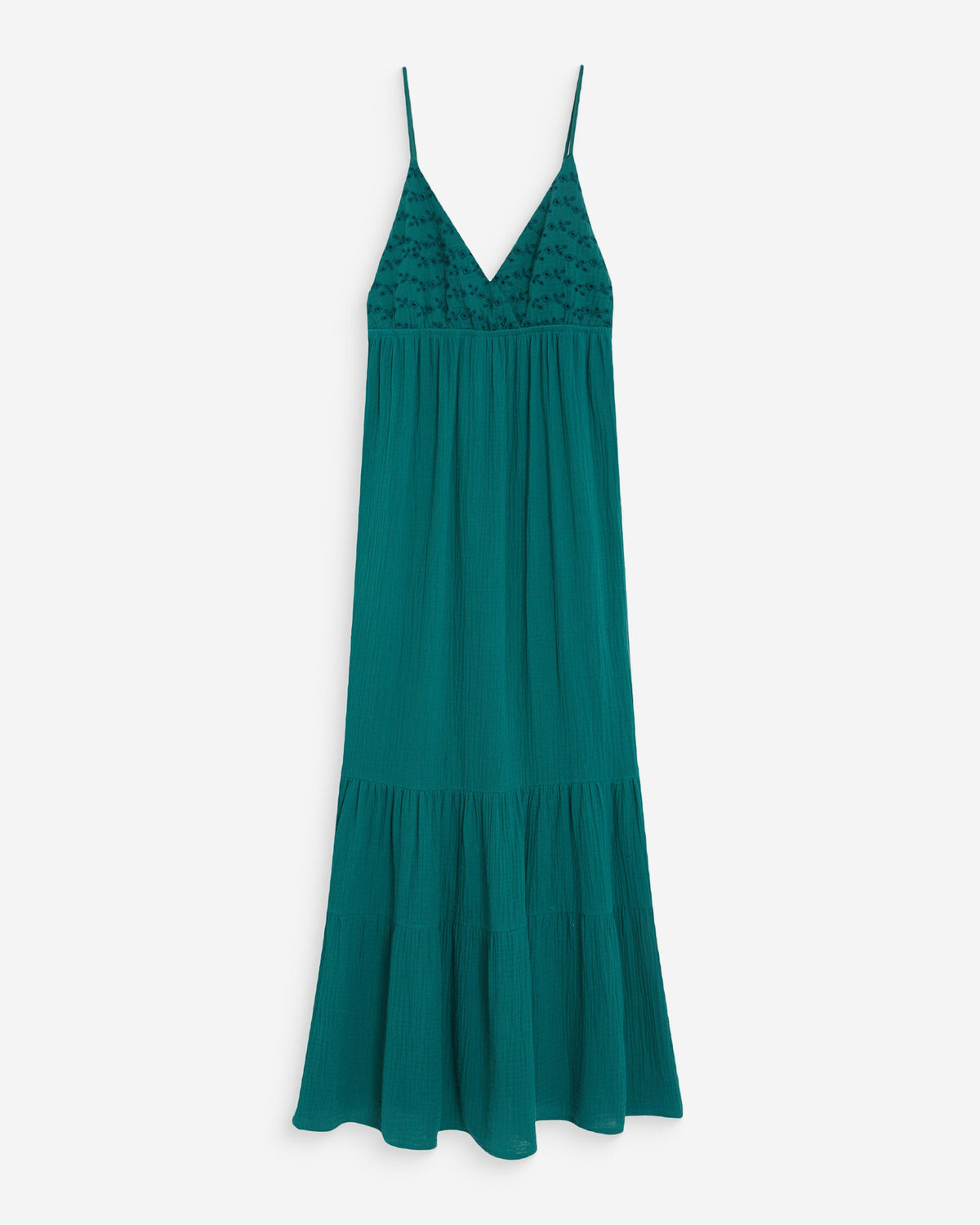 Robe longue fluide en coton col V à bretelles emeraude Wynora