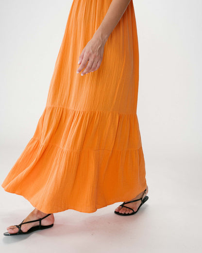 Robe longue fluide en coton col V à bretelles orange Wynora