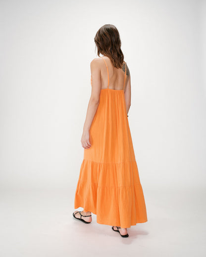 Robe longue fluide en coton col V à bretelles orange Wynora
