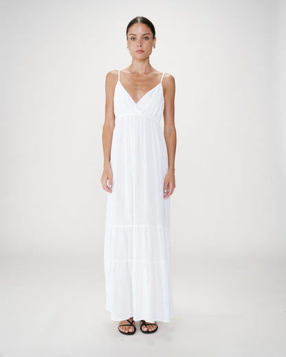 Robe longue fluide en coton col V à bretelles white Wynora