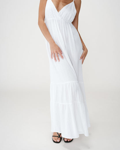 Robe longue fluide en coton col V à bretelles white Wynora