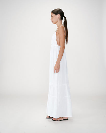 Robe longue fluide en coton col V à bretelles white Wynora