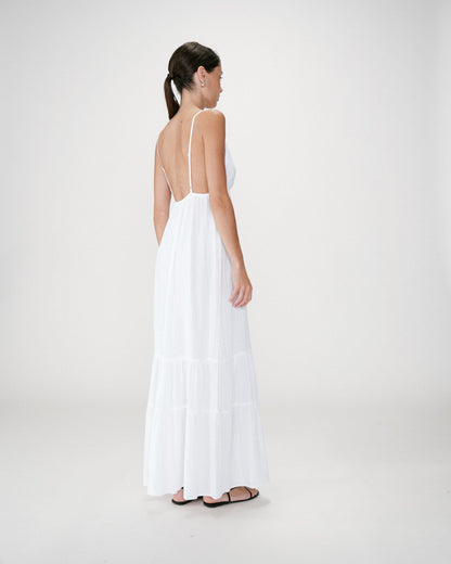 Robe longue fluide en coton col V à bretelles white Wynora