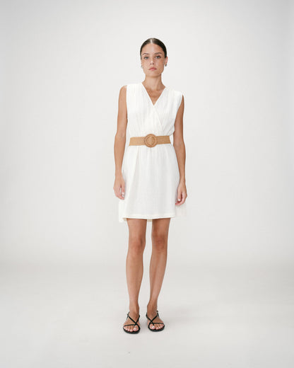 Robe courte en gaze de coton ceinturée ecru Wrenna