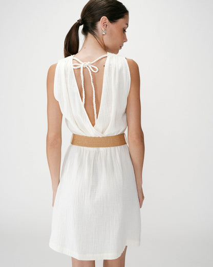 Robe courte en gaze de coton ceinturée ecru Wrenna