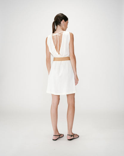 Robe courte en gaze de coton ceinturée ecru Wrenna