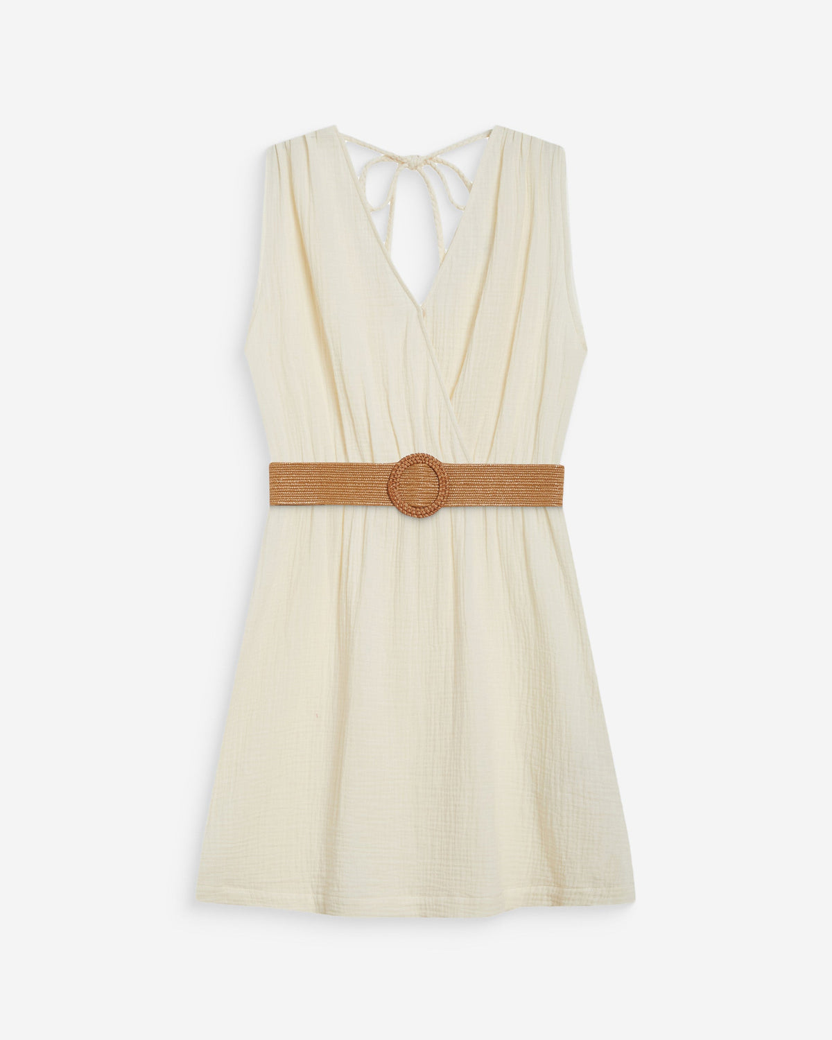 Robe courte en gaze de coton ceinturée ecru Wrenna