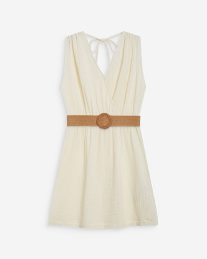 Robe courte en gaze de coton ceinturée ecru Wrenna