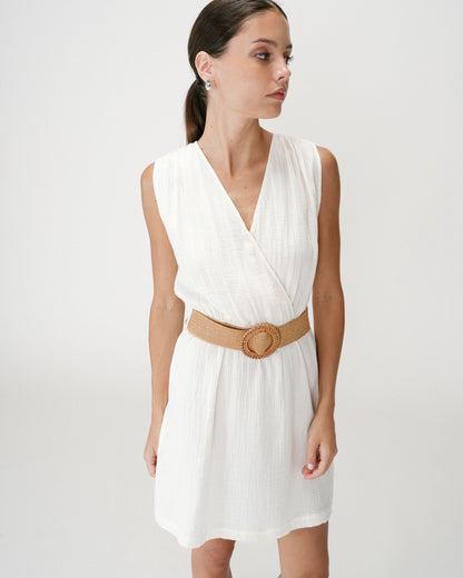Robe courte en gaze de coton ceinturée ecru Wrenna