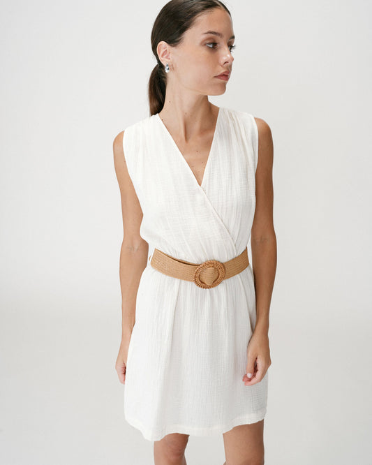Robe courte en gaze de coton ceinturée ecru Wrenna