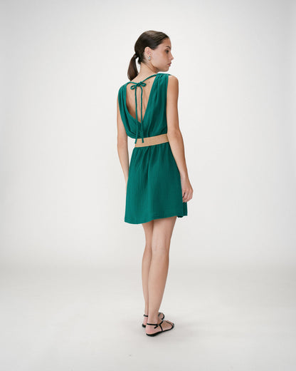 Robe courte en gaze de coton ceinturée emeraude Wrenna